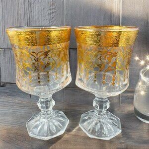Bohemian Czech Clear Glass Goblet Cups Set2 Glasses Heavy Gold Butterfly Pattern